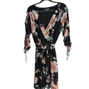 Luxology Black Floral Faux Wrap Mini Dress Peach Sage‎ Ruched Tie Sleeve Size 8